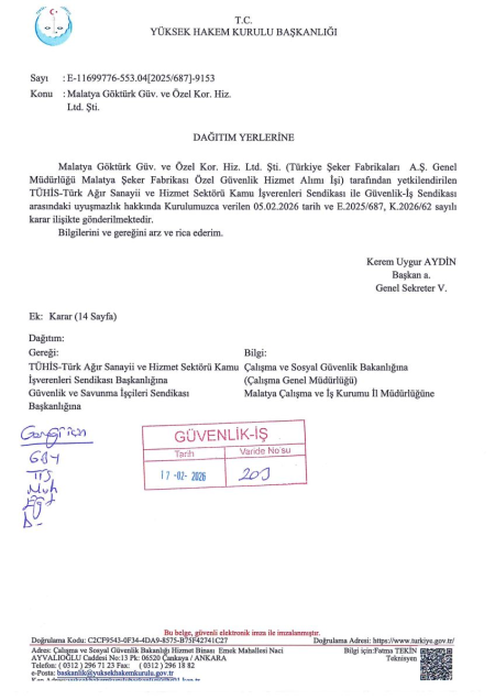 Türkiye Şeker Fabrikaları A.Ş. Genel Müdürlüğü Malatya Şeker Fabrikası Toplu İş Sözleşmesi İmzalandı